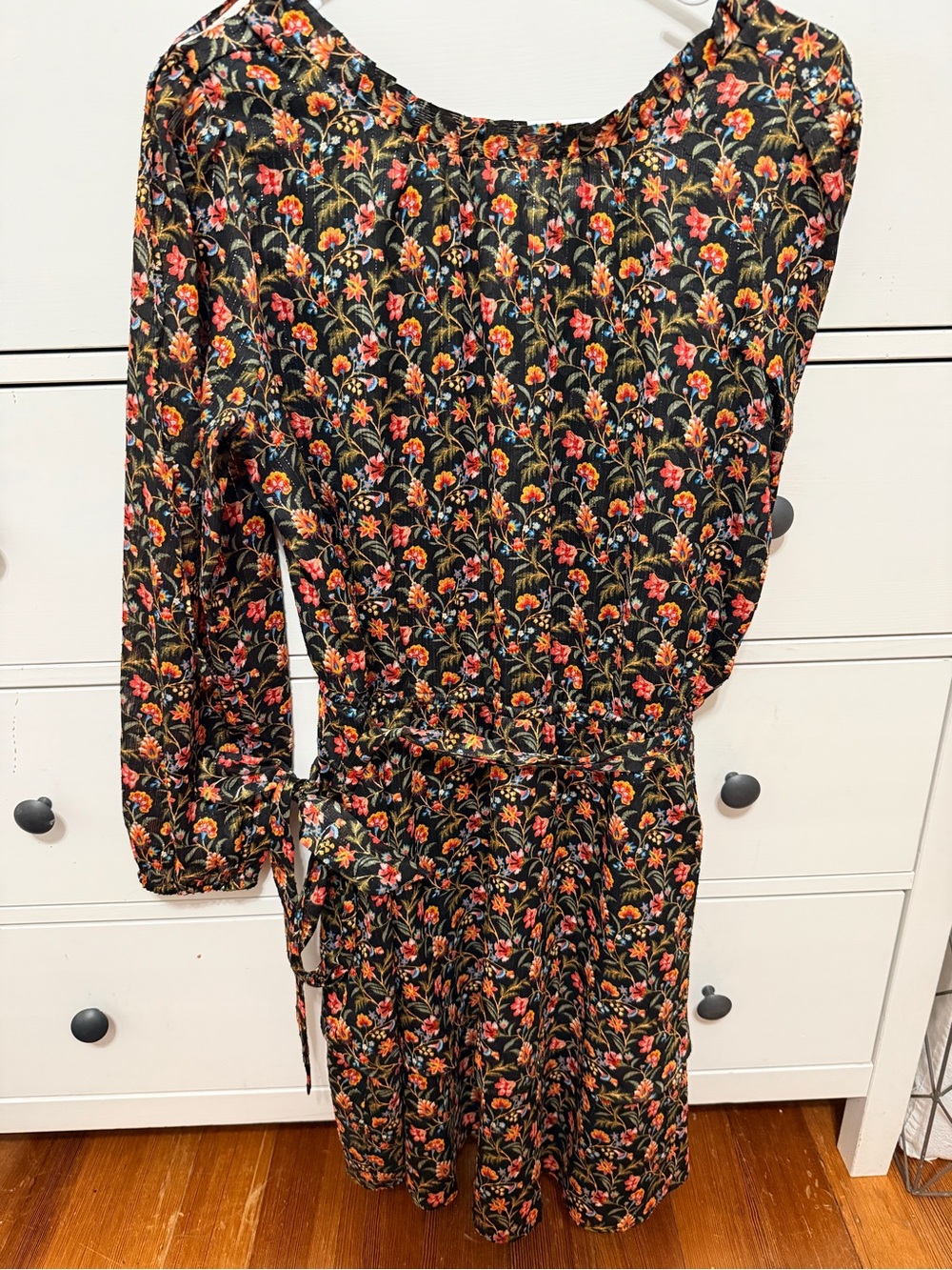 LOFT Black Floral Long-Sleeve Tie-Waist Dress